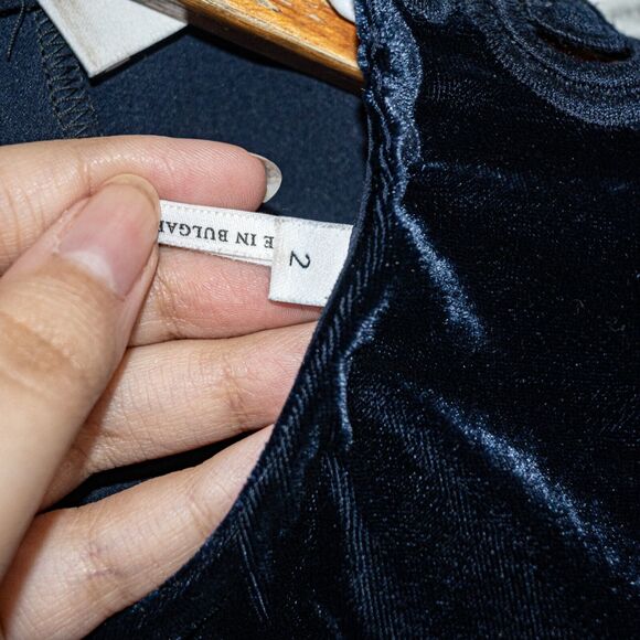 Sandro Paris Navy Short Sleeve Blouse Velvet trim Women's Size 2 - Picture 7 of 7